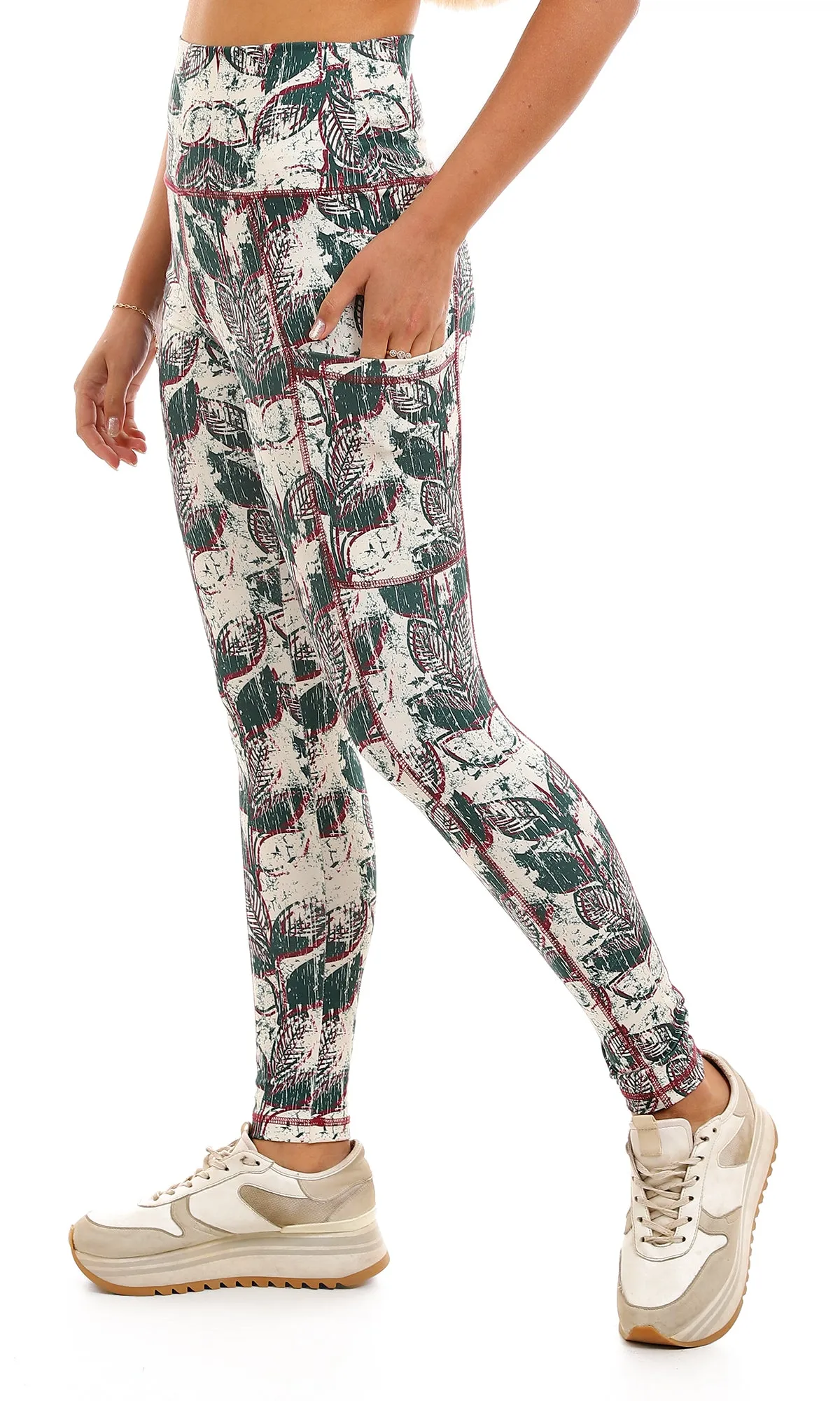 98081 Dark Green & Maroon Sportive Leggings With Side Pockets