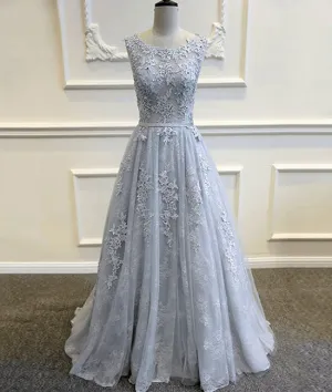 A-line round neck tulle lace long gray prom dress, bridesmaid dress