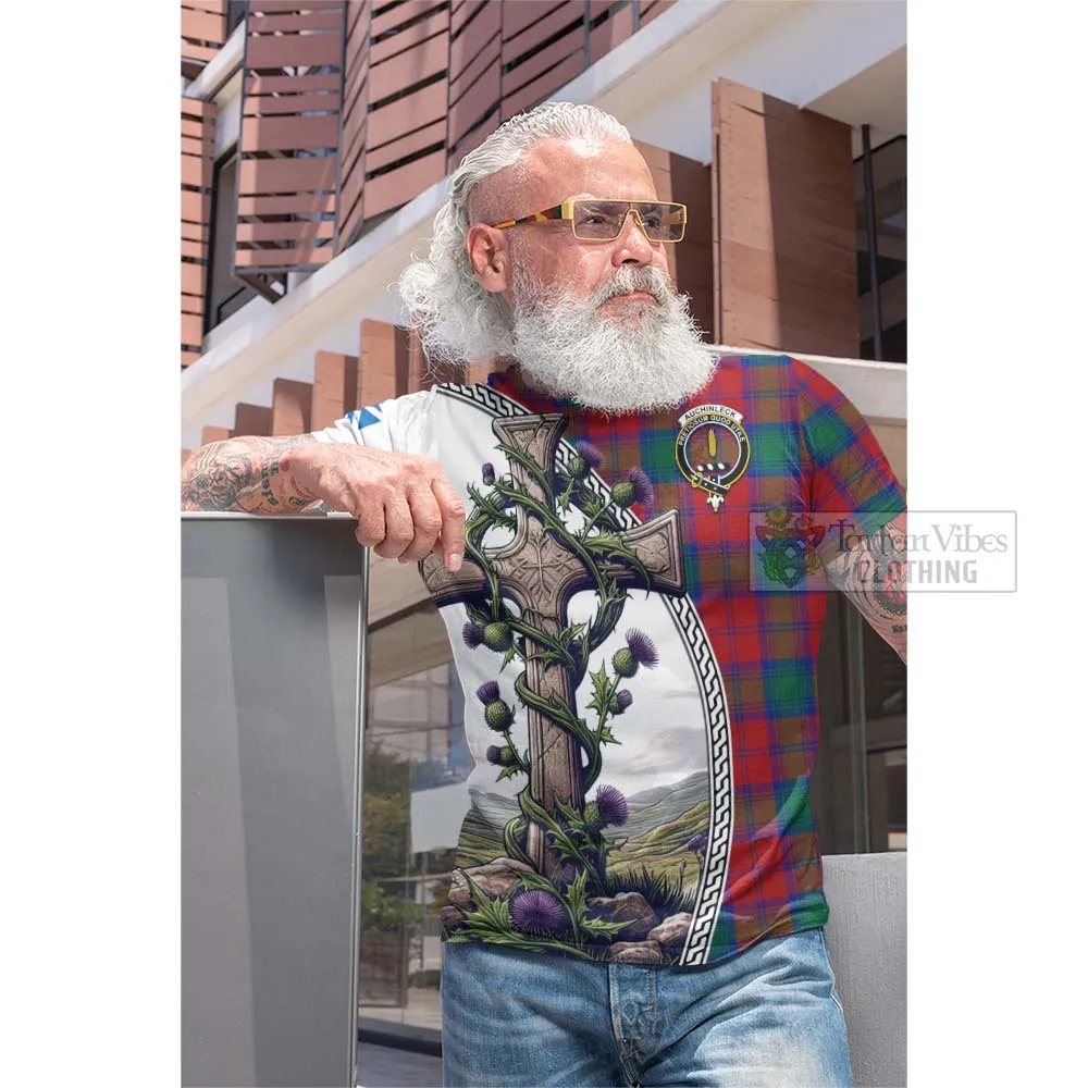 Auchinleck (Affleck) Tartan Cotton T-shirt with Family Crest and St. Andrew's Cross Accented by Thistle Vines