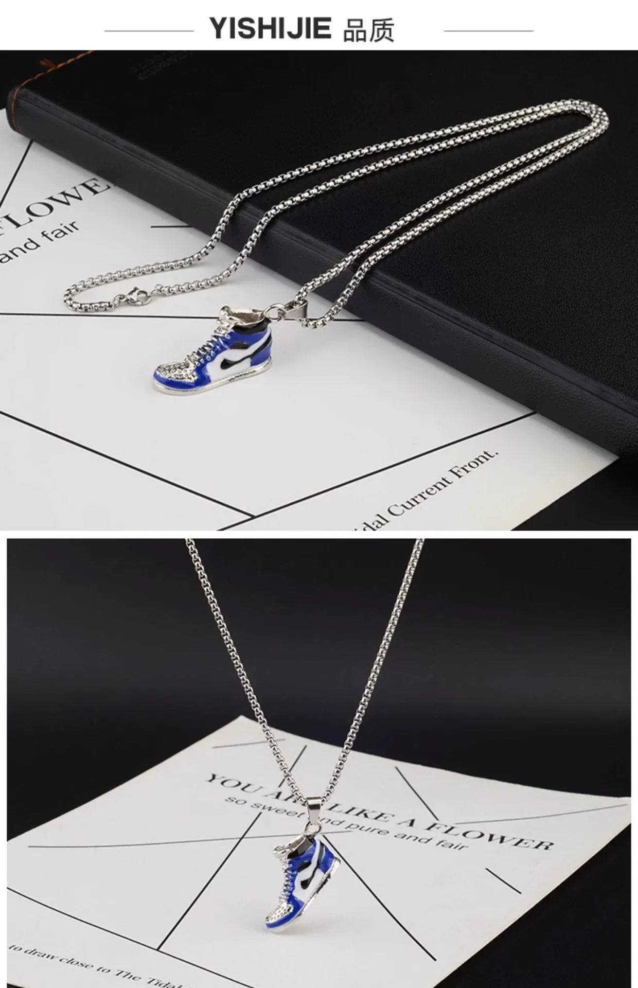 Basketball Shoe Silver Blue Red Enamel Stainless Steel Pendant Chain For Men