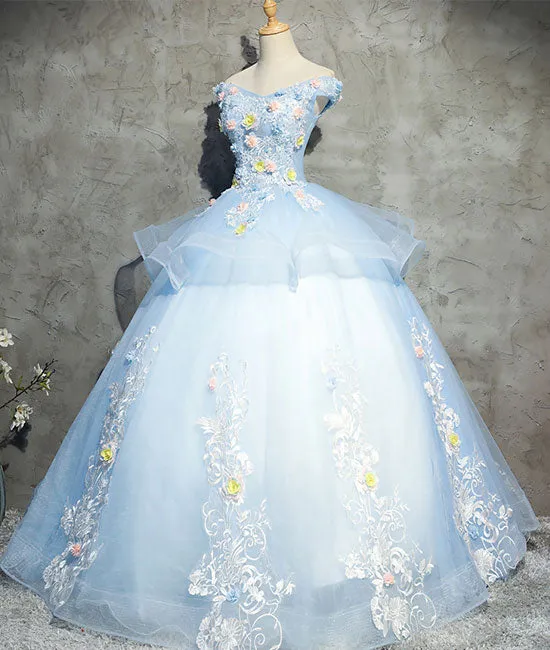 Blue tulle lace applique long prom gown, blue evening dress