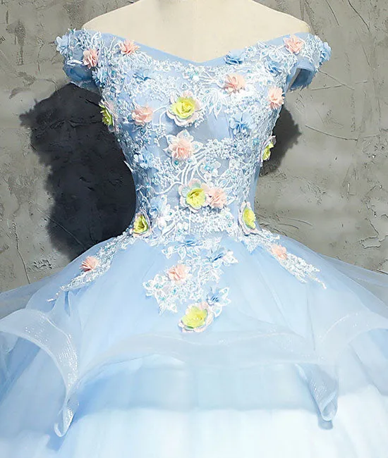 Blue tulle lace applique long prom gown, blue evening dress
