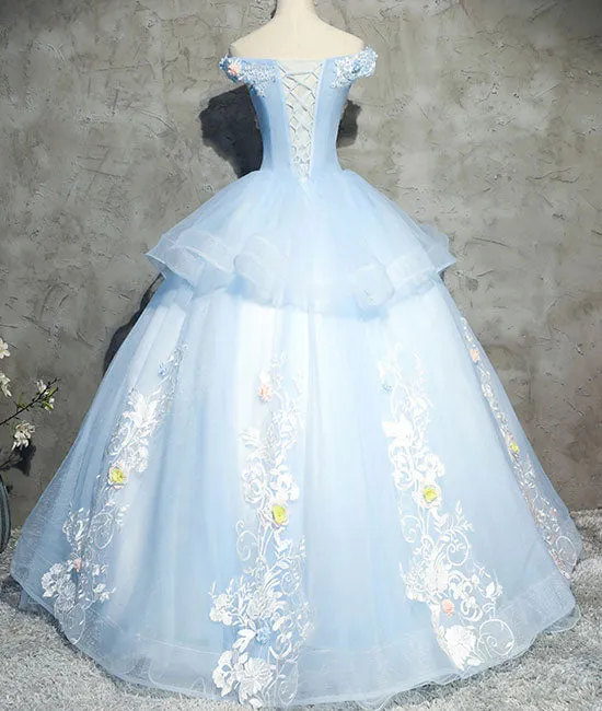 Blue tulle lace applique long prom gown, blue evening dress