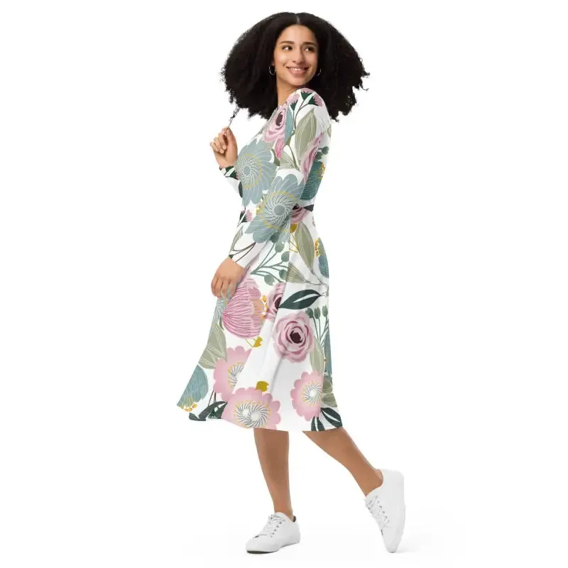 Bright Floral Long Sleeve Midi Dress for Spring