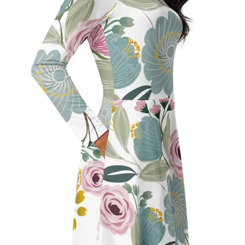 Bright Floral Long Sleeve Midi Dress for Spring