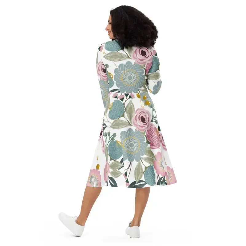 Bright Floral Long Sleeve Midi Dress for Spring