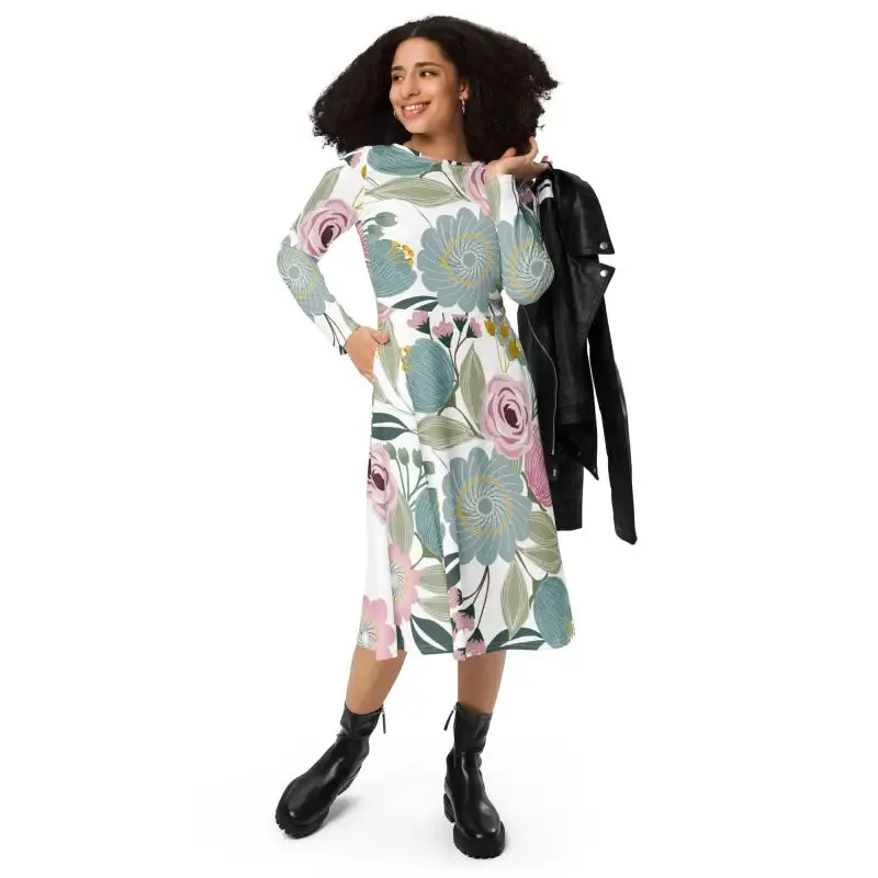 Bright Floral Long Sleeve Midi Dress for Spring