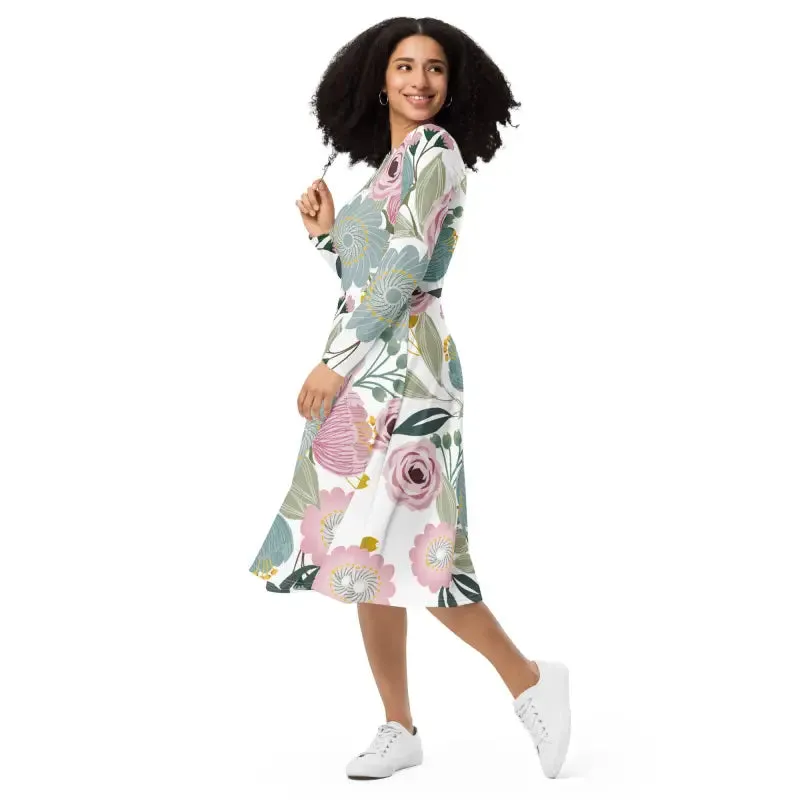 Bright Floral Long Sleeve Midi Dress for Spring