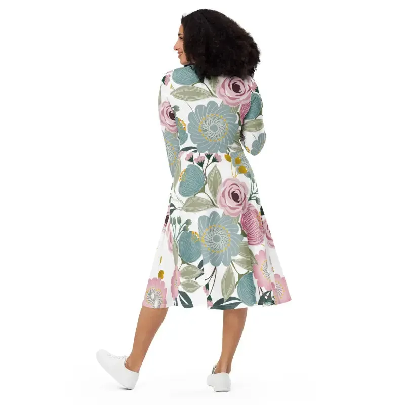 Bright Floral Long Sleeve Midi Dress for Spring