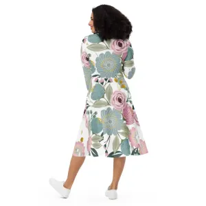 Bright Floral Long Sleeve Midi Dress for Spring