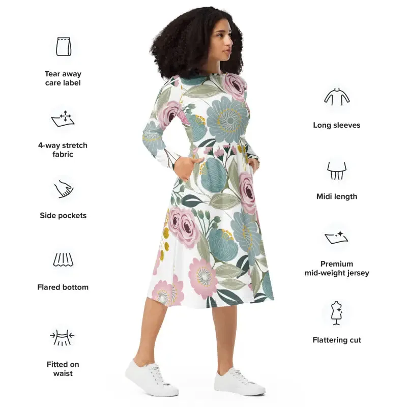 Bright Floral Long Sleeve Midi Dress for Spring