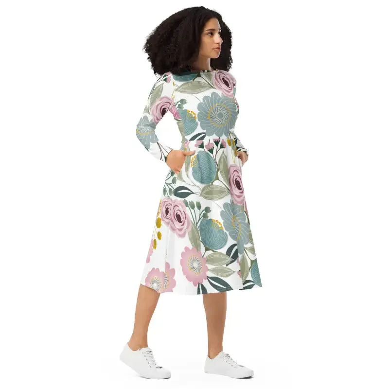 Bright Floral Long Sleeve Midi Dress for Spring