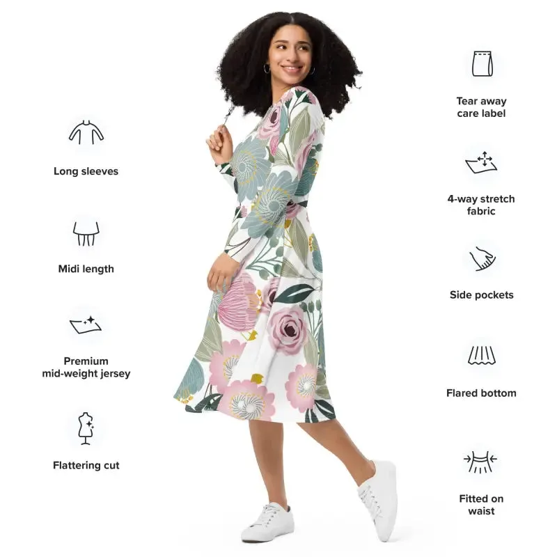 Bright Floral Long Sleeve Midi Dress for Spring