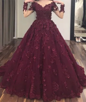 Burgundy v neck tulle applique long prom dress, burgundy evening dress