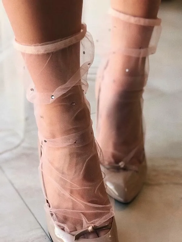 Crystal-embellished Tulle Socks - Pink