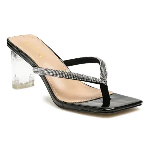 Crystal Lined Thong Block Heeled Sandal in Black