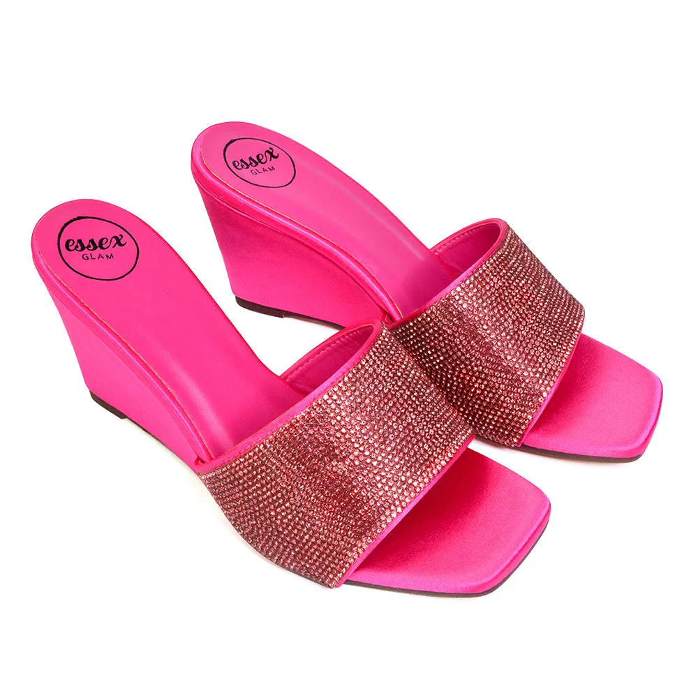 Eliza Slip On Mule Diamante Sandal Wedge Heels With Square Toe in Black