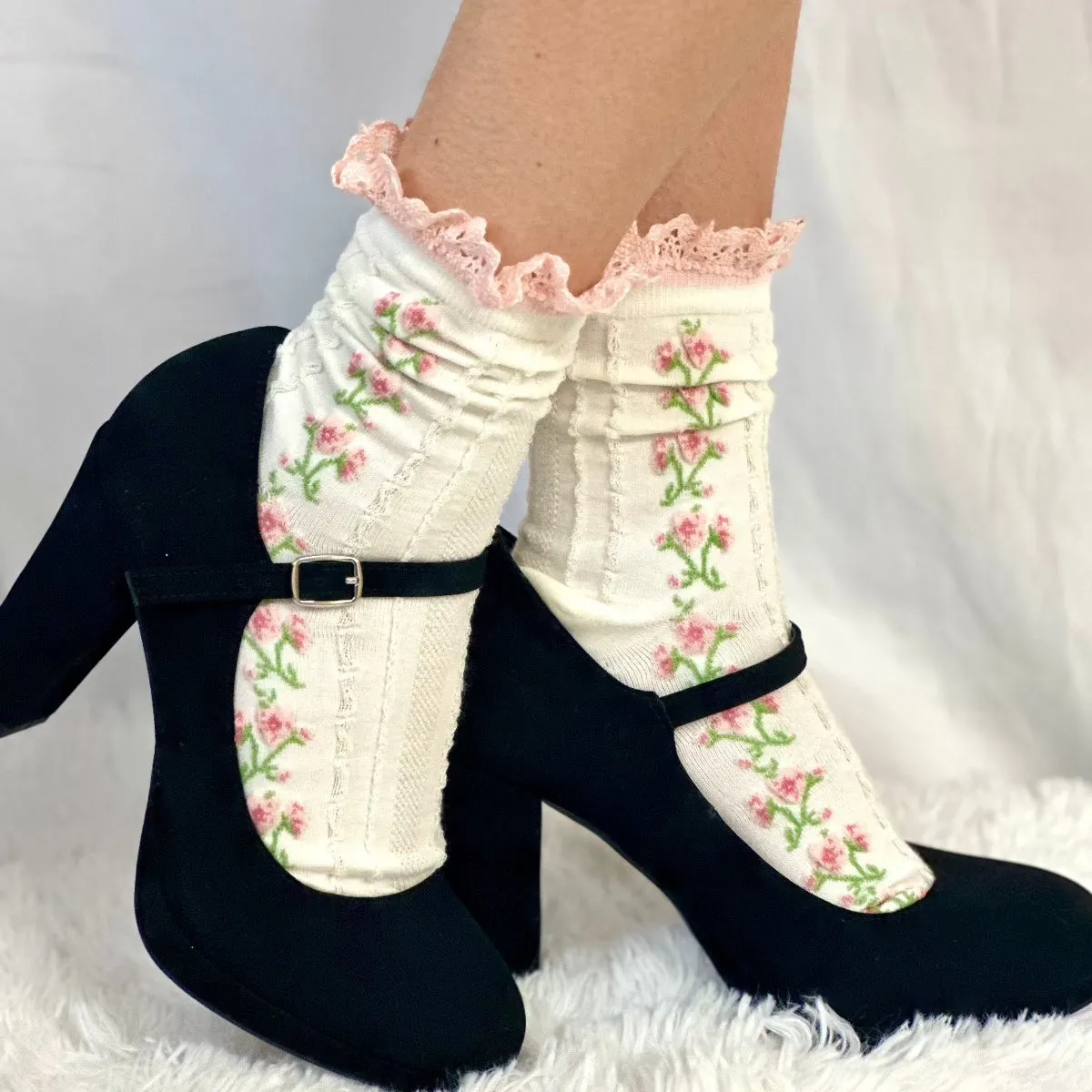 GARDEN PARTY floral lace ankle sock - pink ivory
