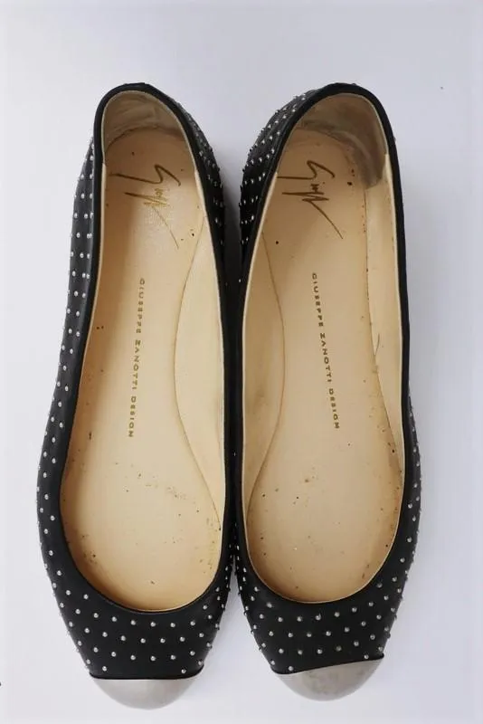 Giuseppe Zanotti Studded Ballet Flats Black Leather Size 38.5 Metal Cap Toe