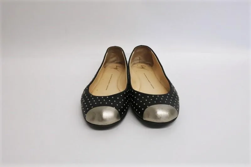 Giuseppe Zanotti Studded Ballet Flats Black Leather Size 38.5 Metal Cap Toe