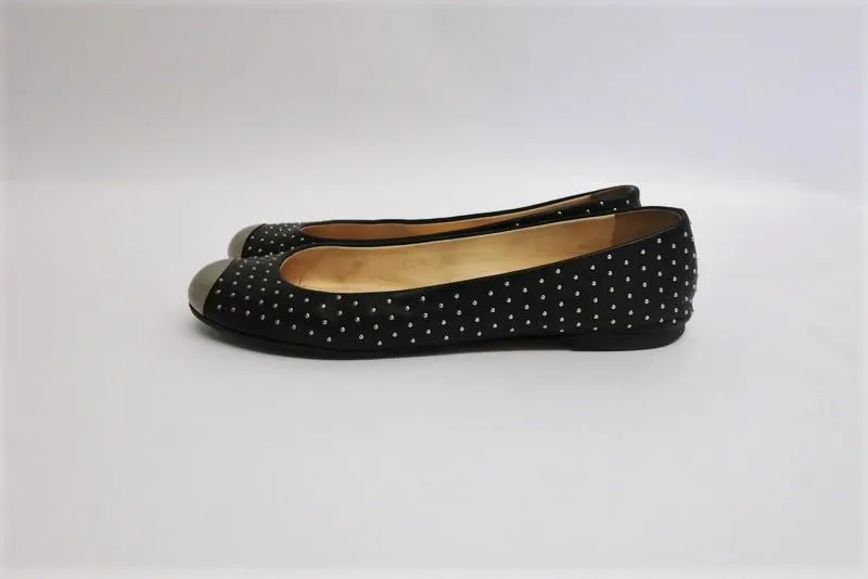 Giuseppe Zanotti Studded Ballet Flats Black Leather Size 38.5 Metal Cap Toe