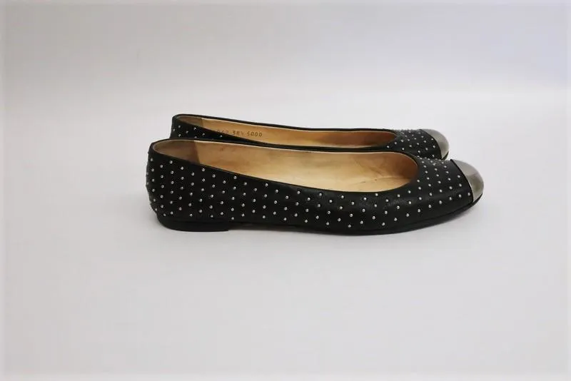 Giuseppe Zanotti Studded Ballet Flats Black Leather Size 38.5 Metal Cap Toe