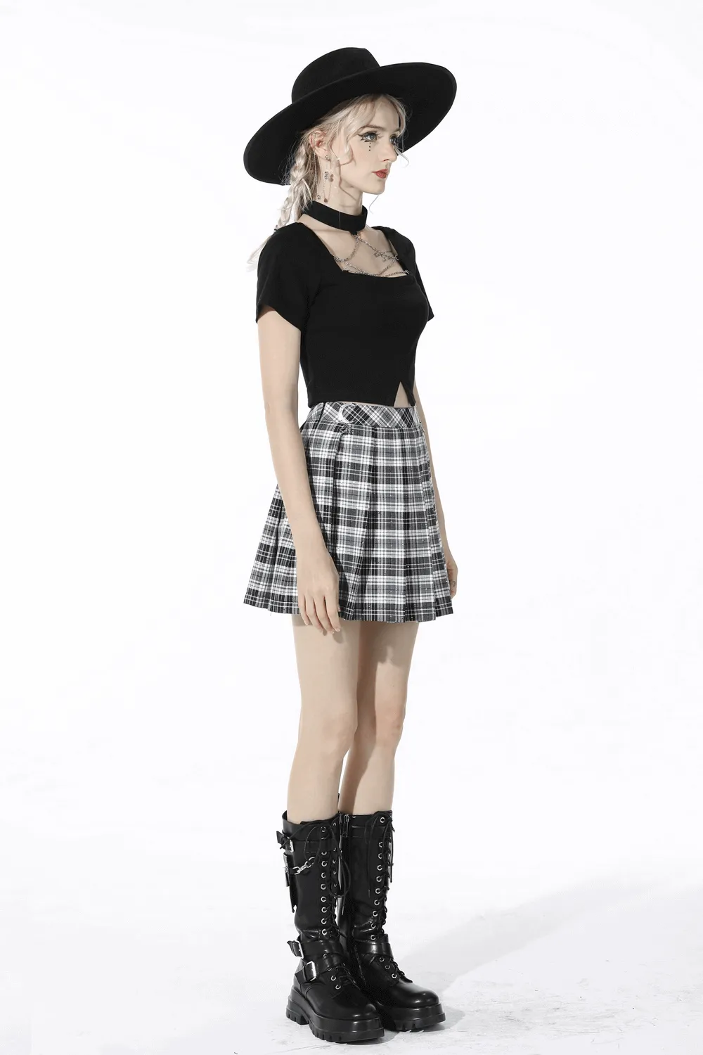 Gothic Mini Skirt with Pleats in Black and White Plaid