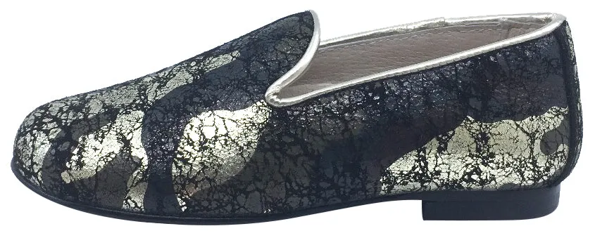 Hoo Shoes Smoking Loafer, Black/Gold Marble Leather