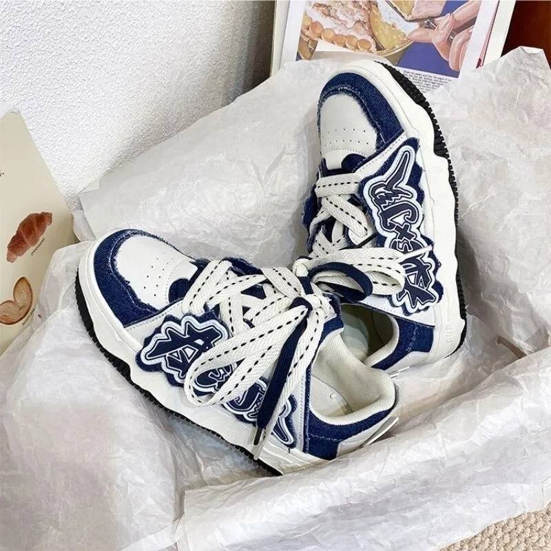 Korean New Fashion Sneakers Pu Leather Patchwork Y2k Women's Sport Shoes Letter Decal Couple Shoes Thick Heels Versatile Sneaker
