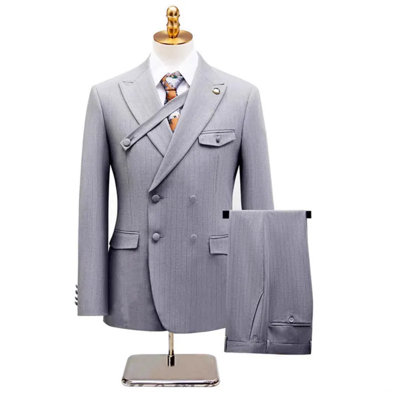 Men's 2-Piece Collar with Decorative Stripe Gray Casual Suit