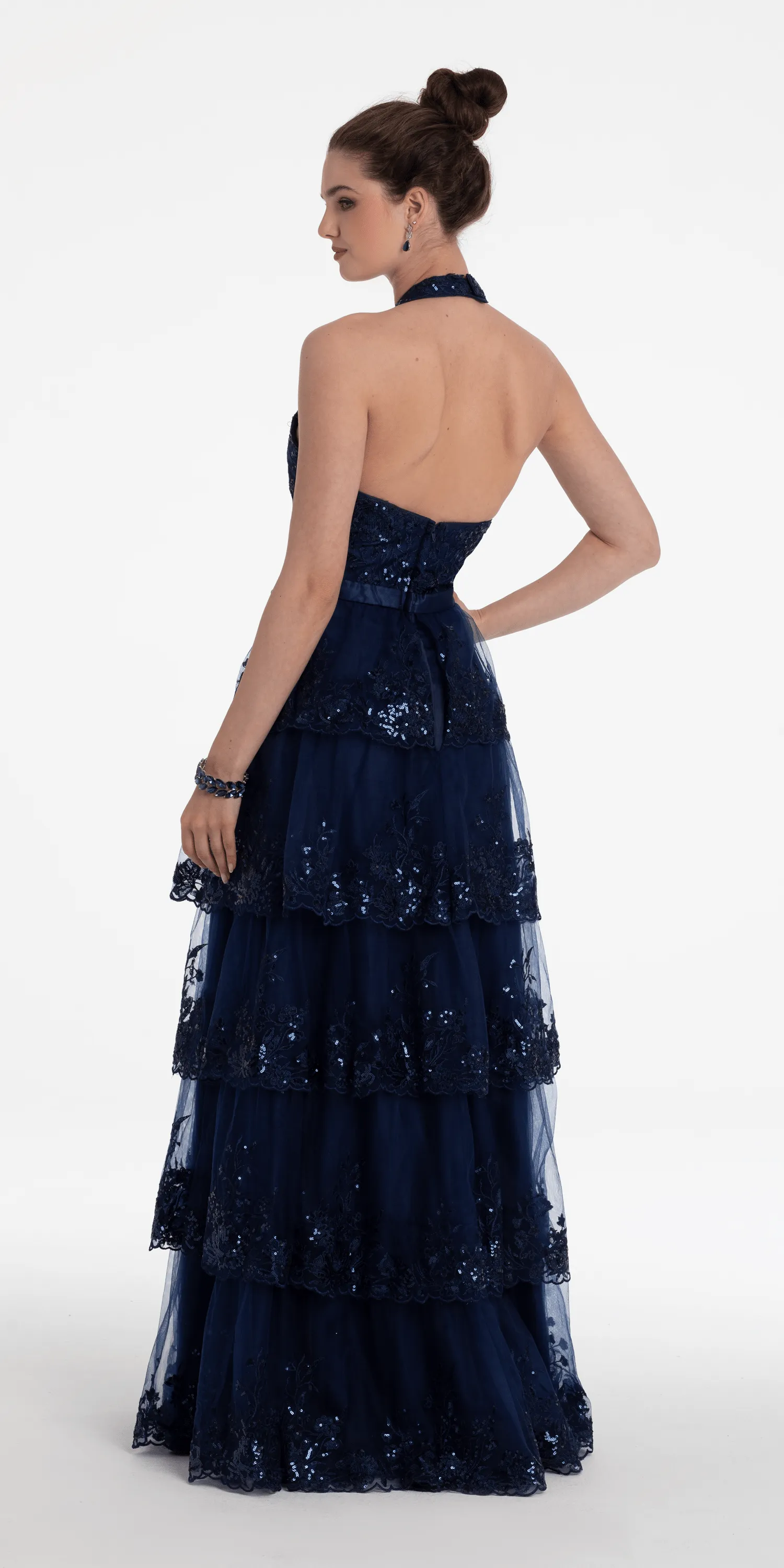 Mesh Embroidered Tired Halter A Line Dress
