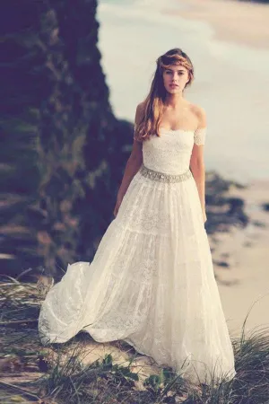 Off Shoulder Open Back Wedding Dresses,Beading Belt Beach Wedding Gown,SW75
