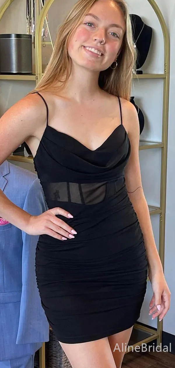 Sexy Black V-neck Spaghetti Strap A-line Short Mini Homecoming Dress, HD3221