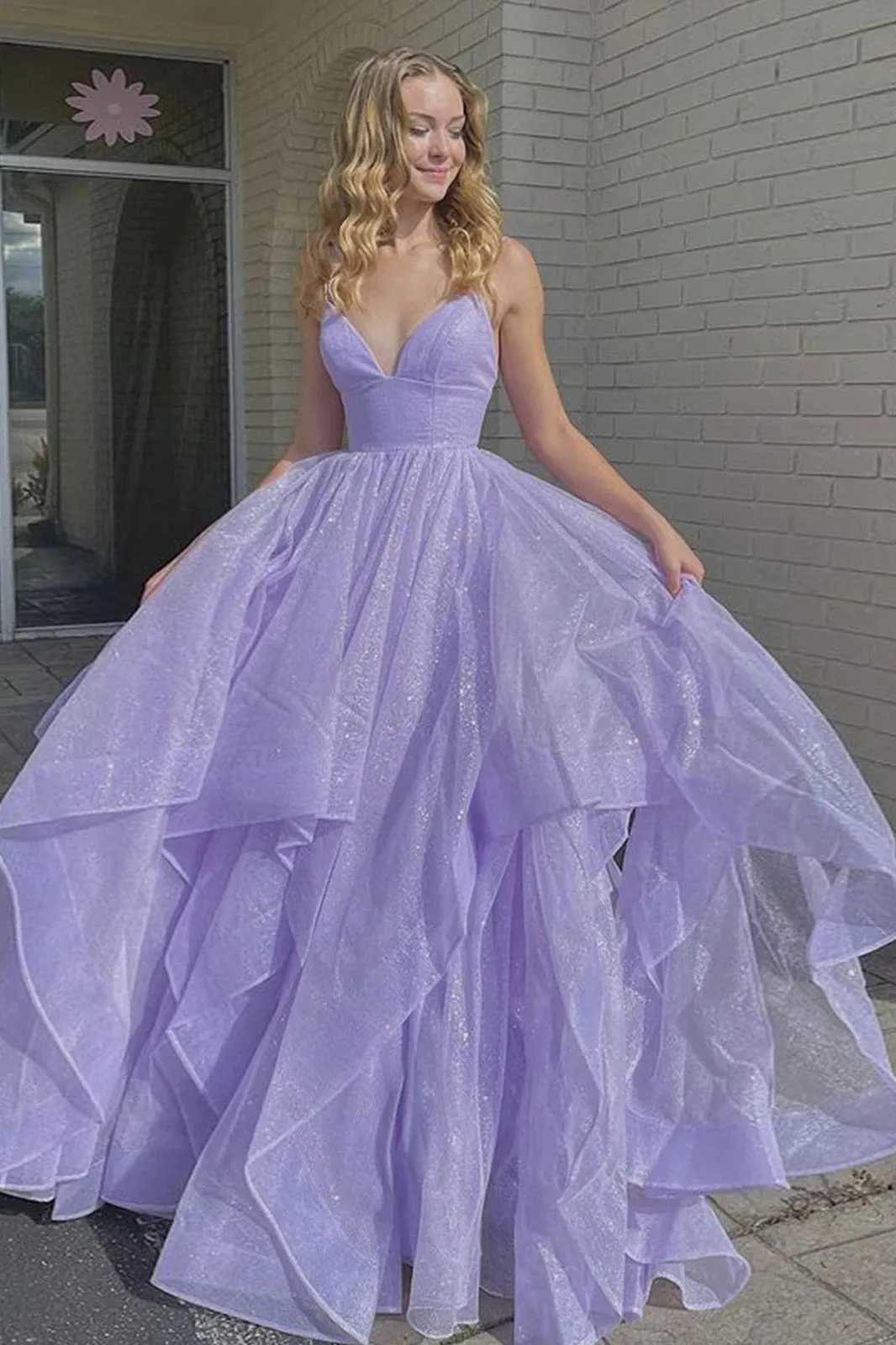 Shiny V Neck Fluffy Lavender Long Prom Dress, Long Formal Evening Dress UQP0037