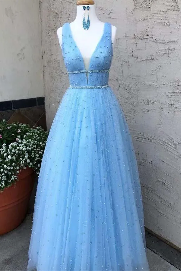 Sky Blue V Neck Beaded Long Prom Dresses Pearls Tulle Cute Prom Dress PG836