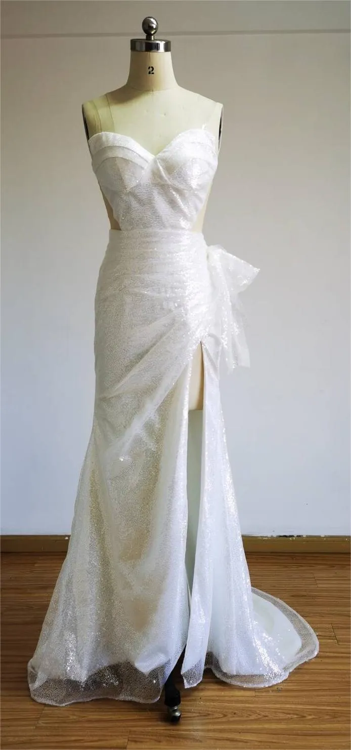 Sparkly Spaghetti Straps White Mermaid Sequin Prom Dresses, Evening Dress, PD2401