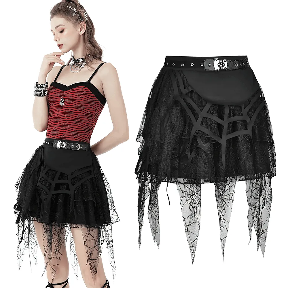 Spiderweb Lace Mini Skirt with Punk-inspired Belt Detail