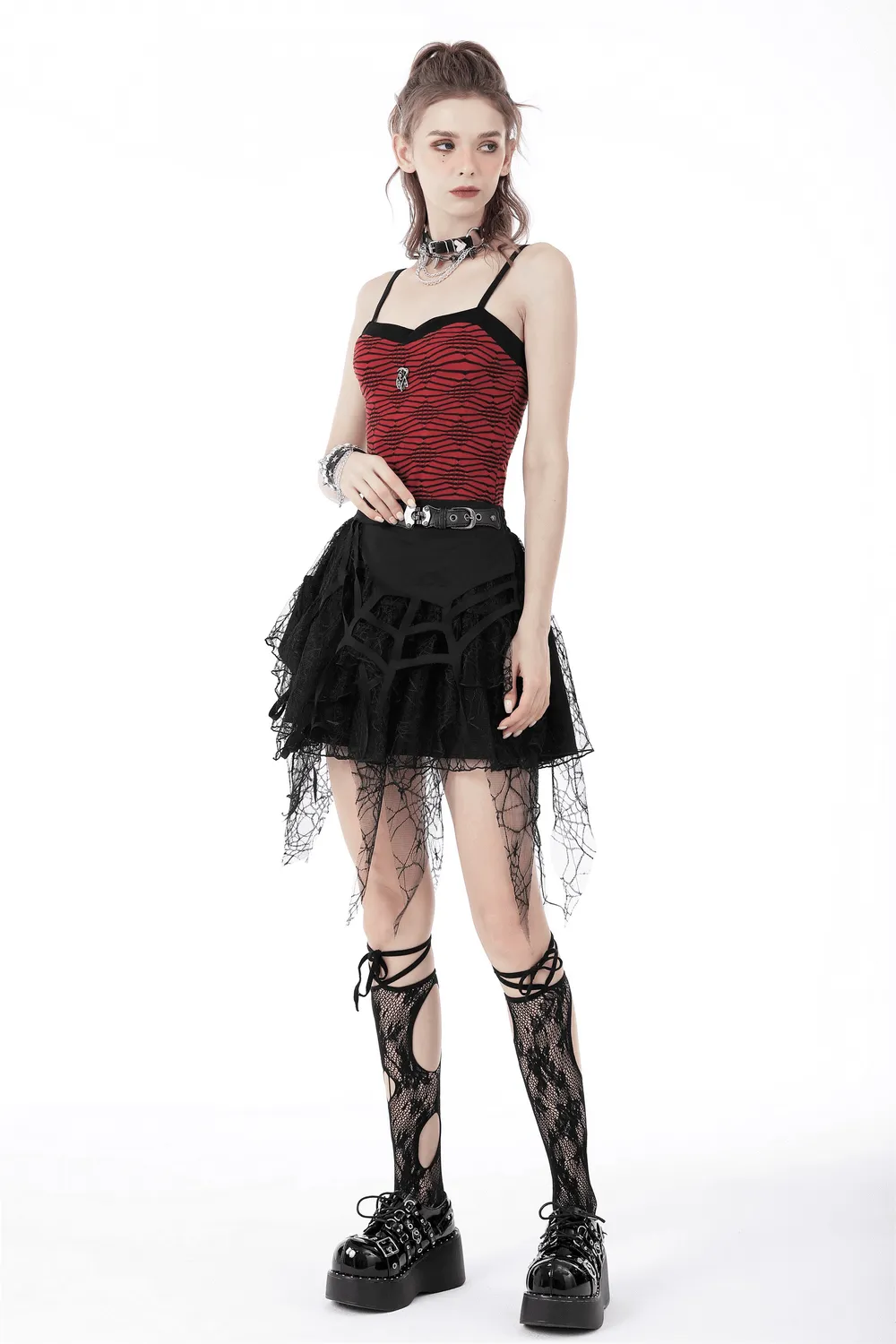 Spiderweb Lace Mini Skirt with Punk-inspired Belt Detail