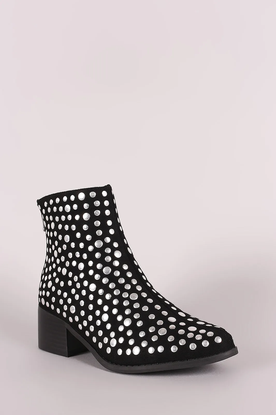 Studded Suede Almond Toe Chunky Heeled Ankle Booties
