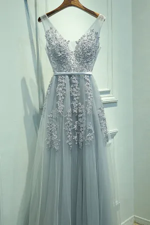 V-Neck A-Line Tulle Sleeveless Prom Dresses,Gray Prom Dresses with Lace,M28