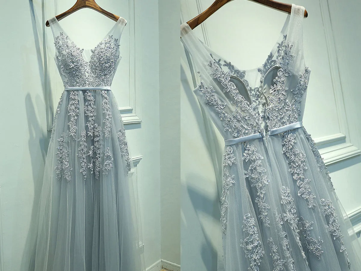 V-Neck A-Line Tulle Sleeveless Prom Dresses,Gray Prom Dresses with Lace,M28