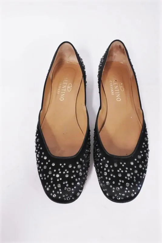 Valentino Garavani Swarovski Crystal Studded Flats Black Satin Size 40.5