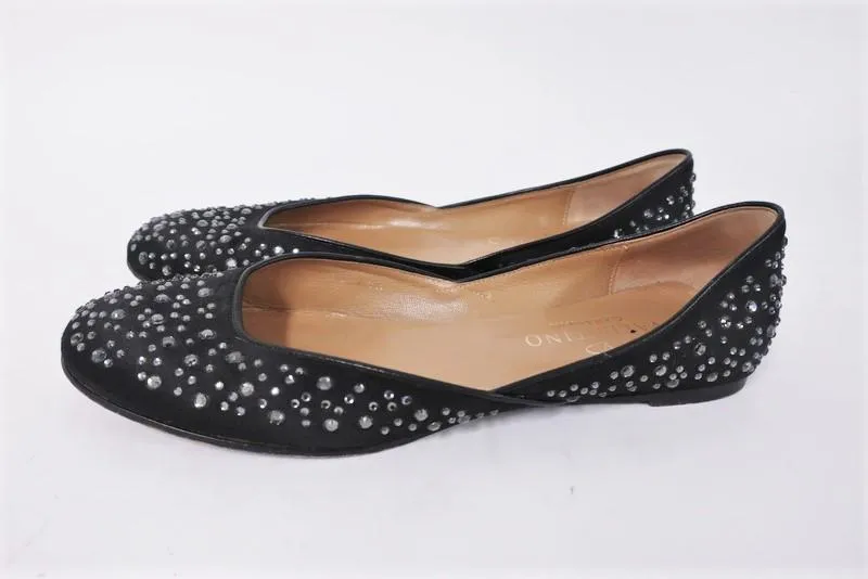 Valentino Garavani Swarovski Crystal Studded Flats Black Satin Size 40.5