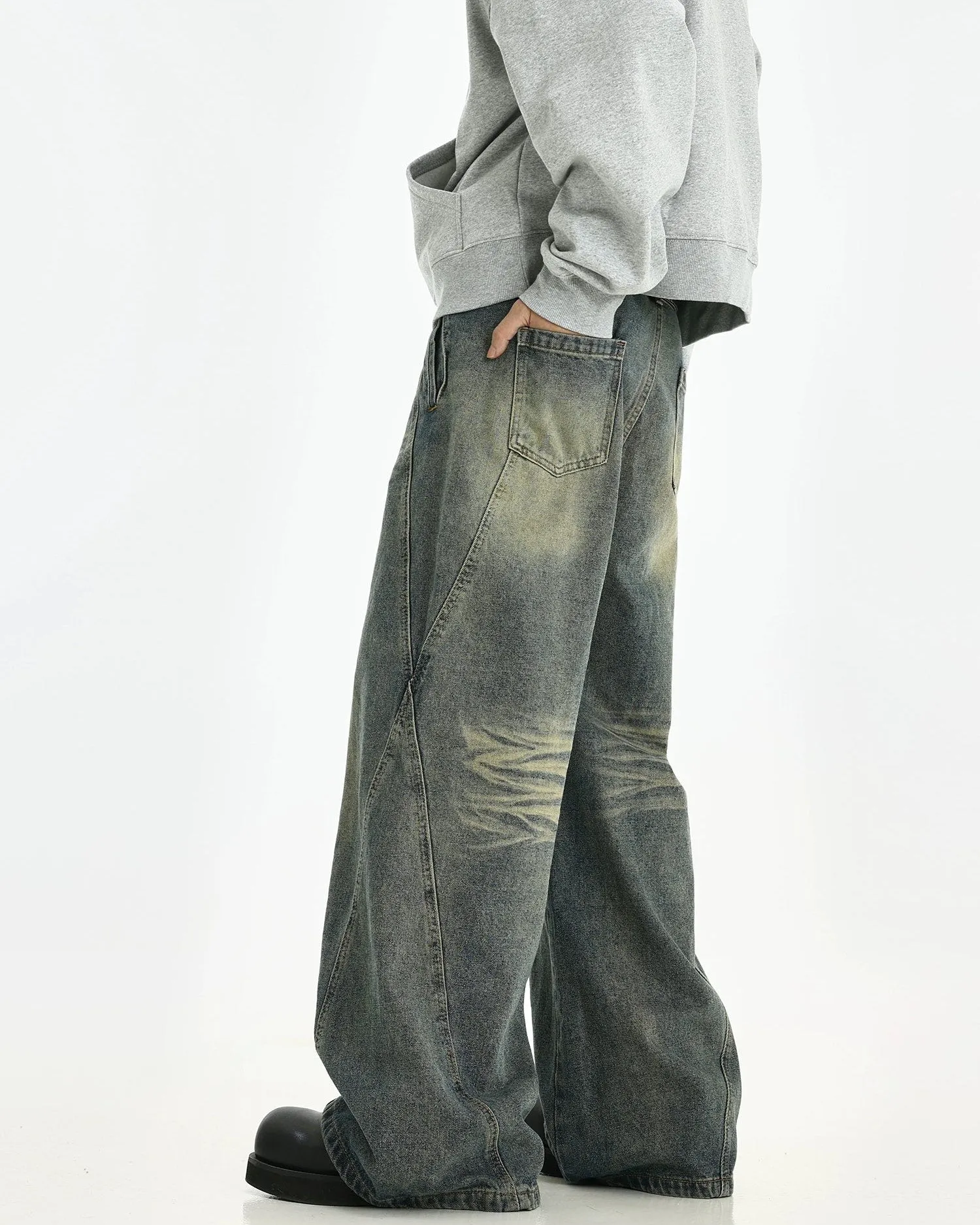 Vintage Wash Straight Leg Denim Jeans